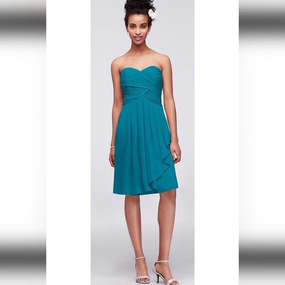 David's Bridal Blue Chiffon Strapless Ruched Bridesmaid Formal Dress Size 10 - Picture 1 of 8